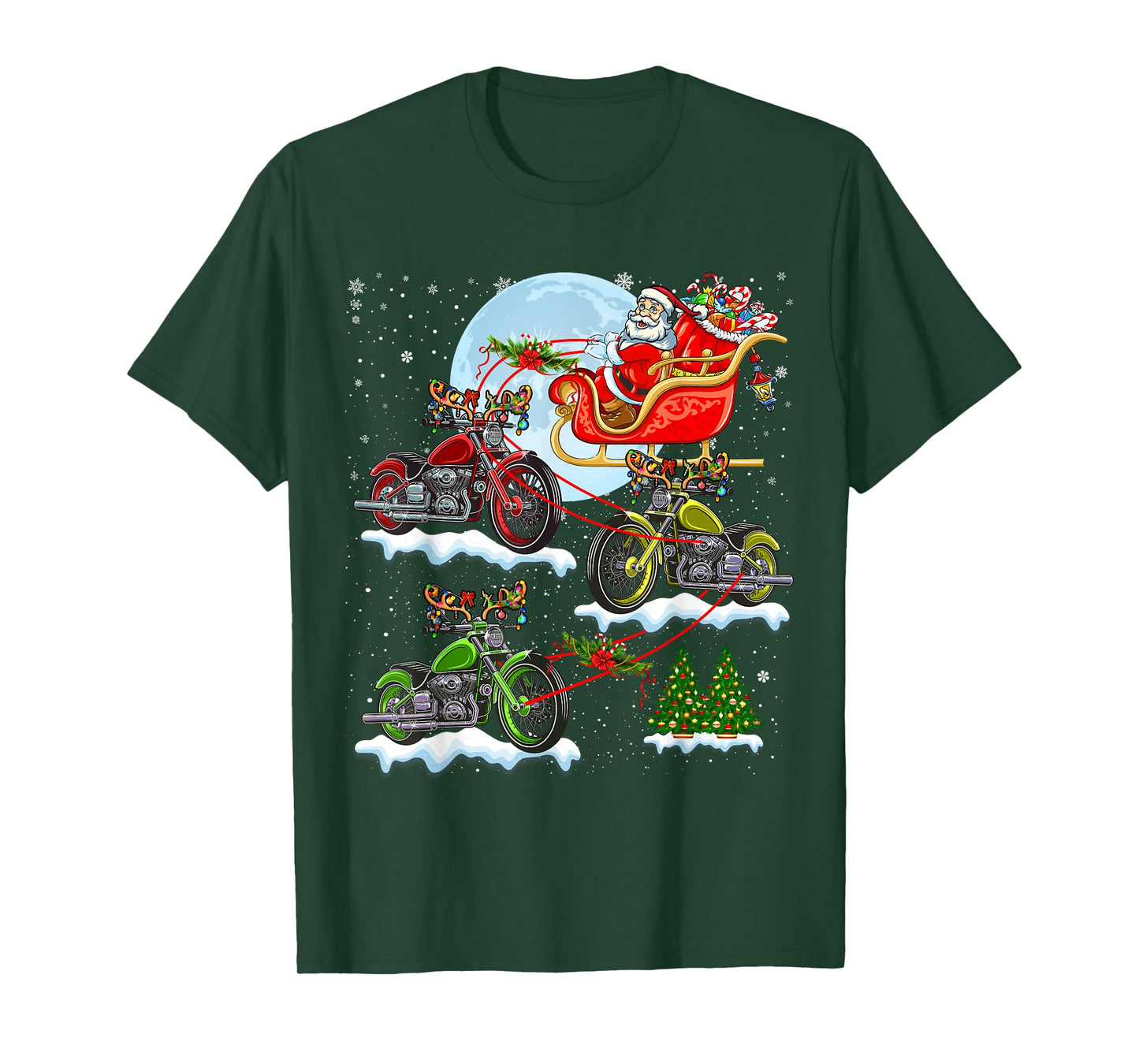 Santa Riding Sleigh Reindeer Motorcycles Xmas Tree Biker T-Shirt