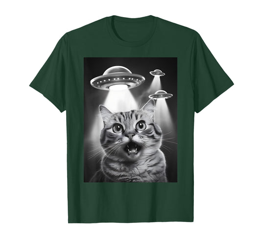 Alien UFO Funny Cat Selfie T-Shirt