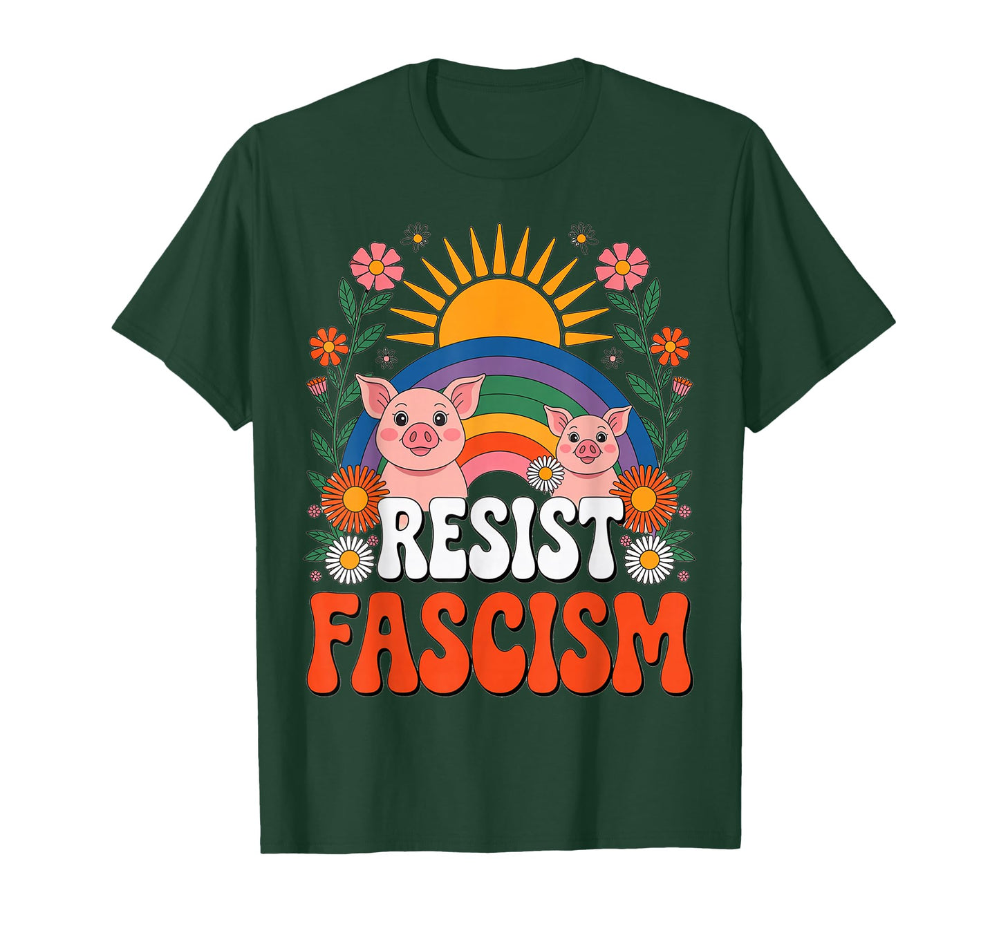 Pigs Resist Fascism Retro Groovy Rainbow No Kings Hippie T-Shirt