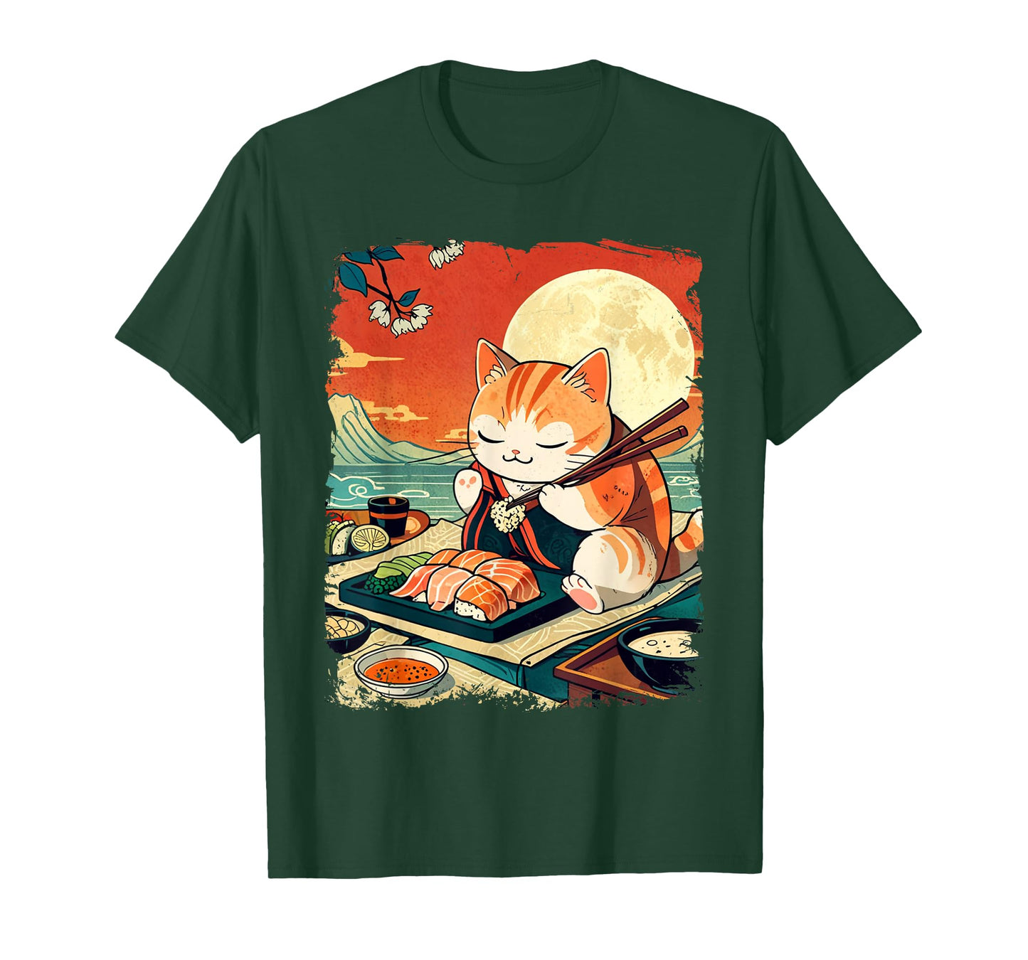 Ukiyo-e Art Japanese Funny Cat Eating Sushi T-Shirt
