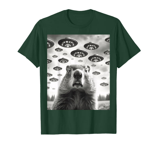 Funny Groundhog Selfie With Alien UFOs Weird Ground Hog Day T-Shirt