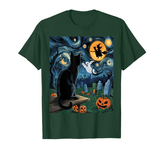 Halloween Van Gogh Starry Night Black Cat Pumpkins Witch T-Shirt
