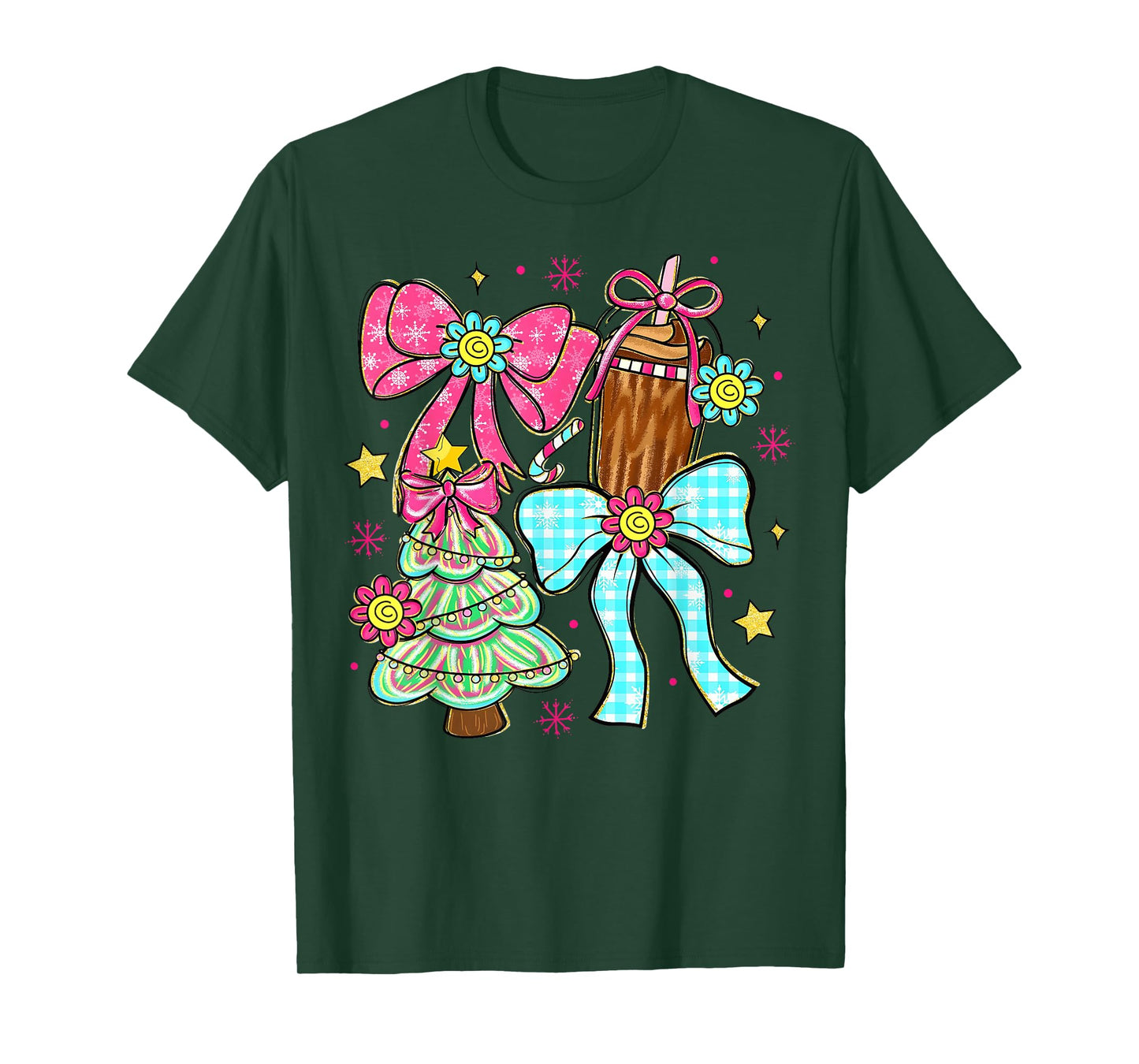 Christmas Tree Coquette Bow Cocoa Santa Women Xmas Pajamas T-Shirt