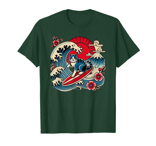 Pet Lover Mt. Fuji Sunset Japanese Wave Art Surfing Cat T-Shirt