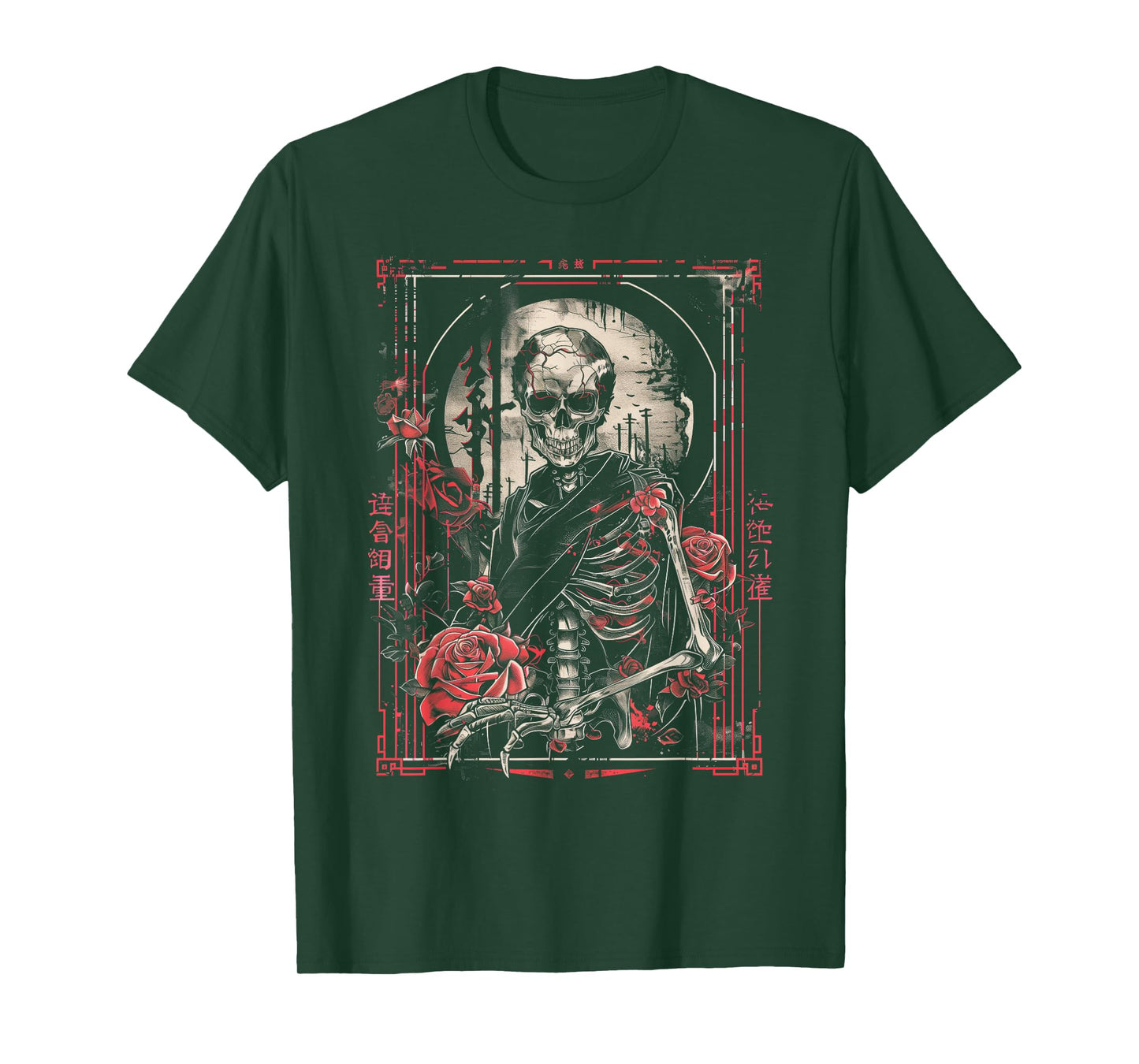 Anime Japanese Goth Cyberpunk City Skeleton Roses Gothic T-Shirt