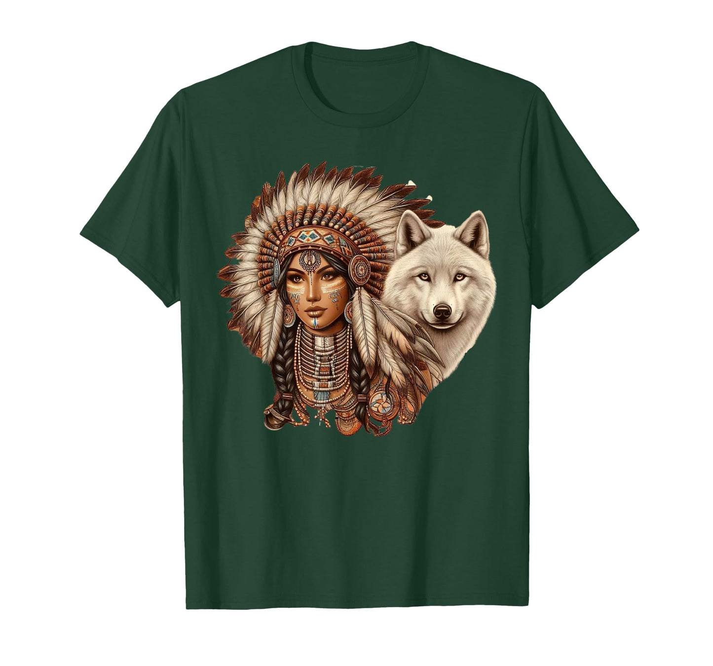 Indian Native American Woman with White Wolf Vintage T-Shirt