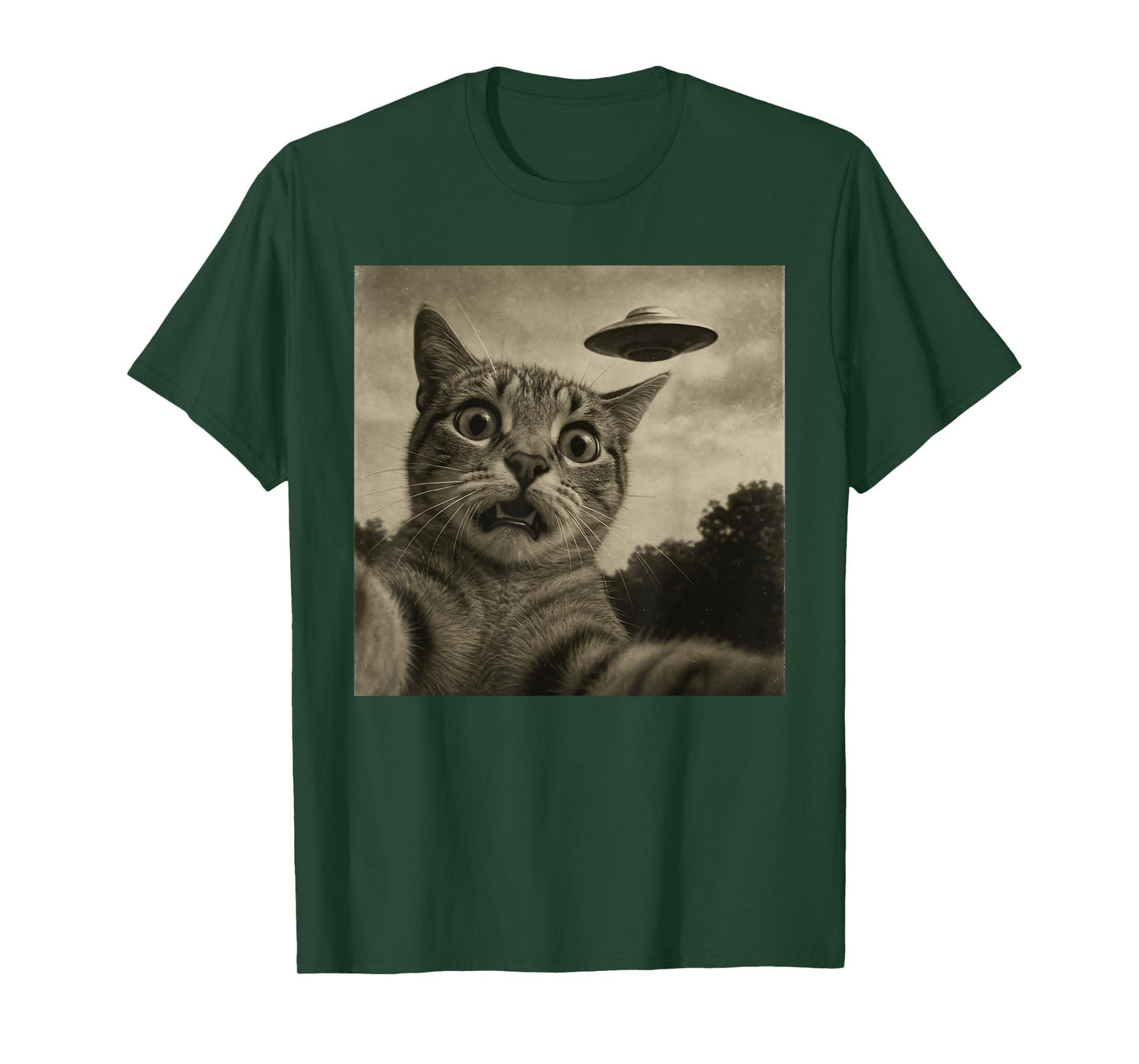 Funny Alien Cat Selfie with UFOs Idea Men Women Kids T-Shirt