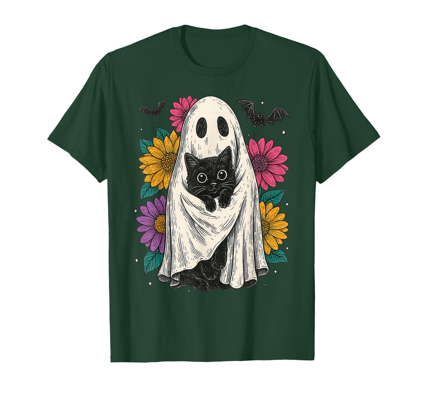 Retro Halloween Ghost and Cat Preppy Floral Halloween T-Shirt
