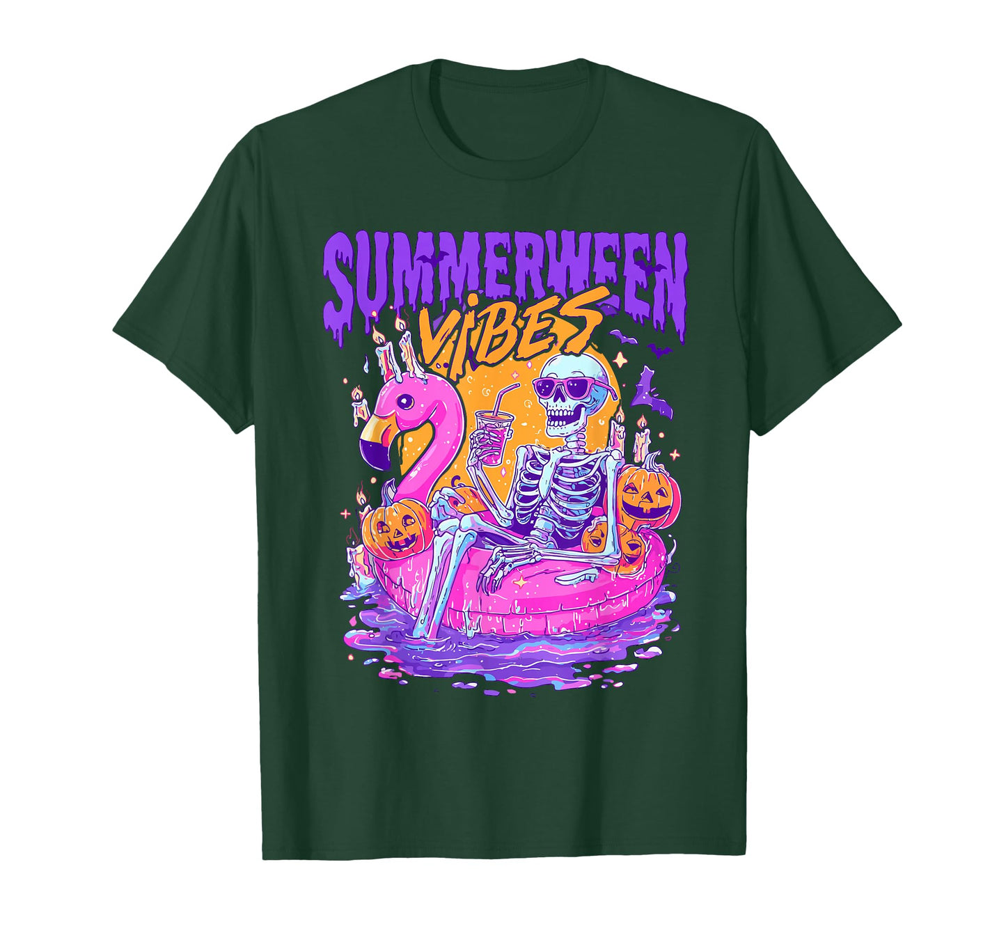 Summerween Vibes Spooky Skeleton Flamingo Pool Halloween T-Shirt