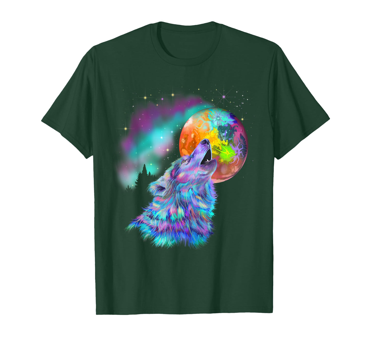 Colorful rainbow psychedelic trippy howling at moon wolf T-Shirt