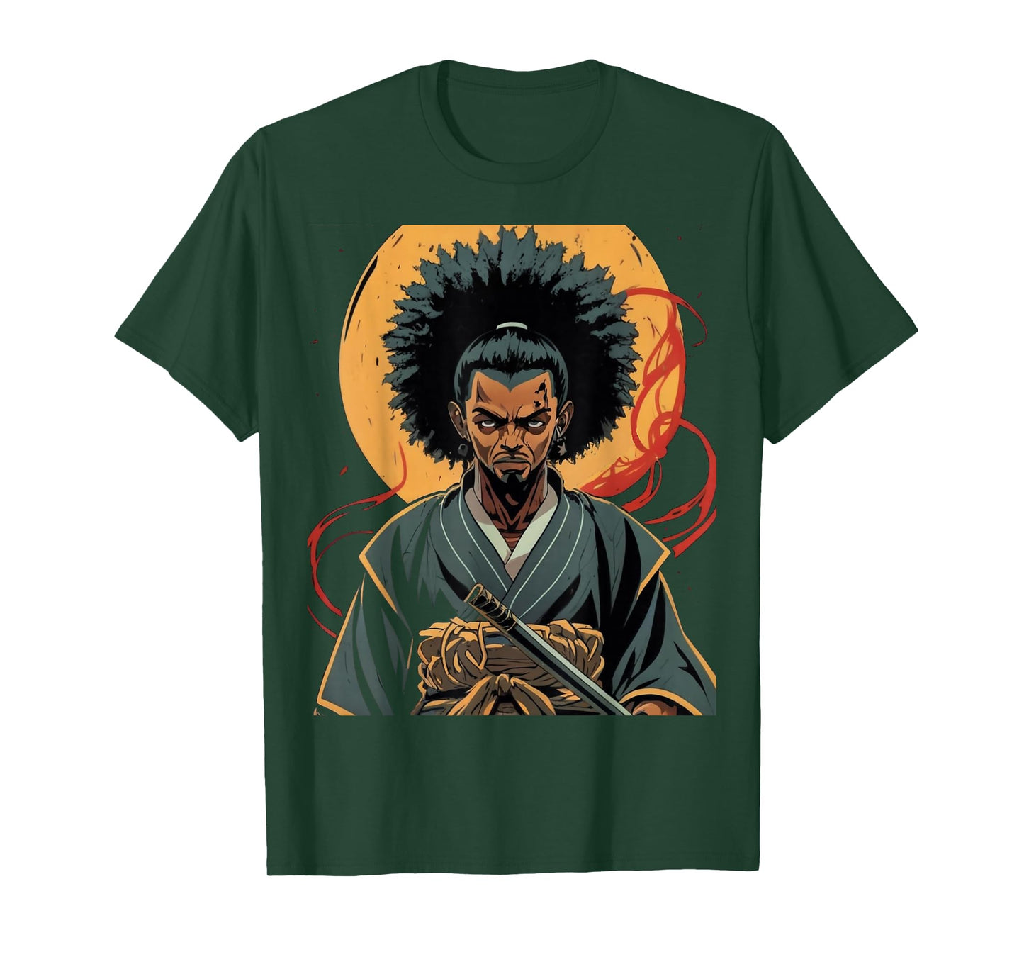 Afro American Samurai Anime Cartoon Japanese Bushido Warrior T-Shirt