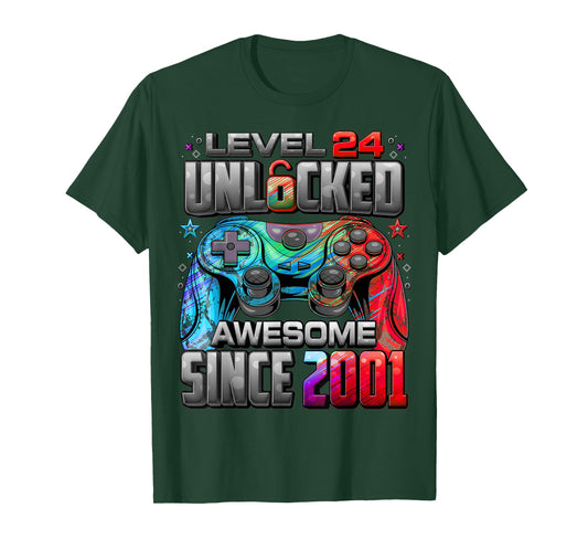 Level 24 Unlocked Awesome Since 2001 24th Birthday Gaming T-Shirt