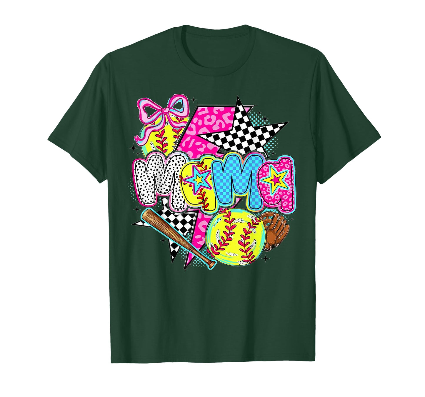 Softball Mama Game Day Leopard Checkered Mom Retro T-Shirt