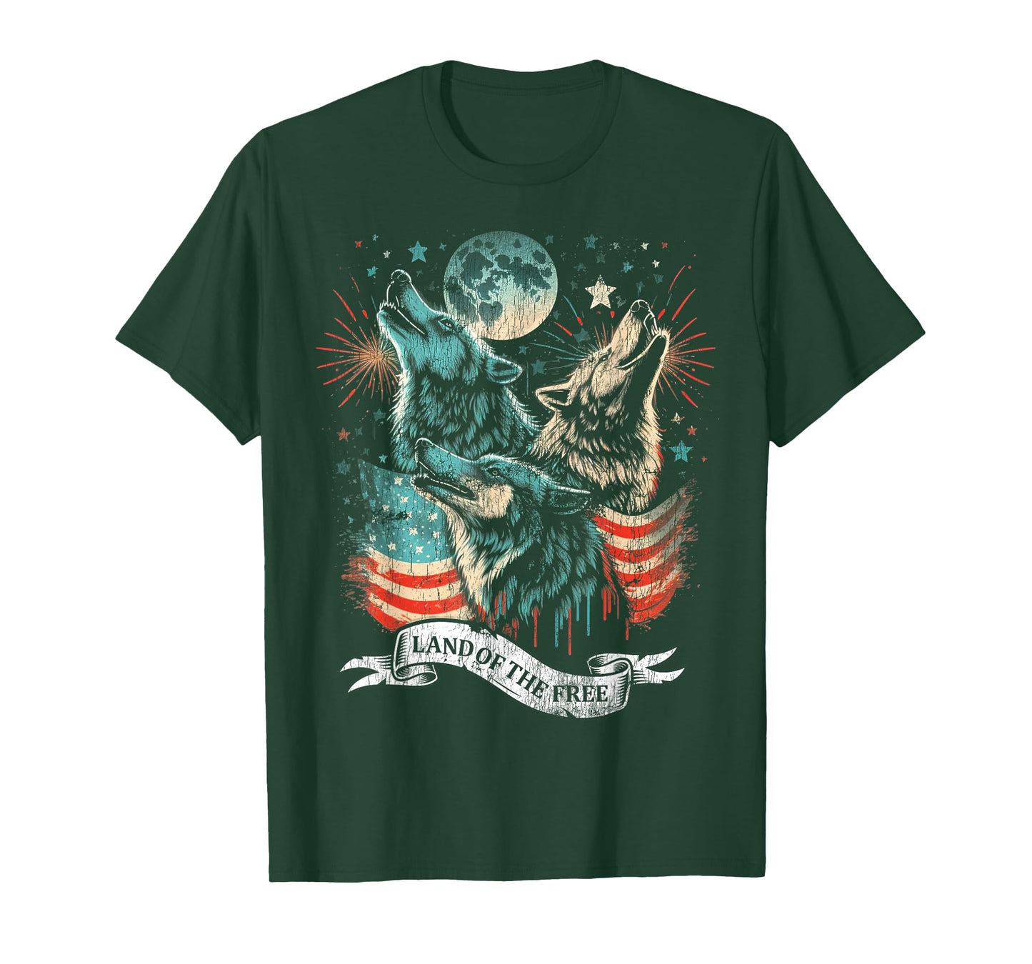 Wolf 4th of July American Flag Howling America Moon Funny T-Shirt for Women Kids Men