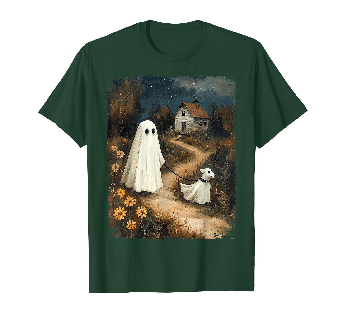Cute Ghost Walking Dog Halloween Spooky Season Fall Vibes T-Shirt