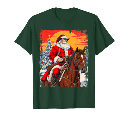 Merry Christmas Pajamas Santa Claus Western Cowboy Boys Men T-Shirt