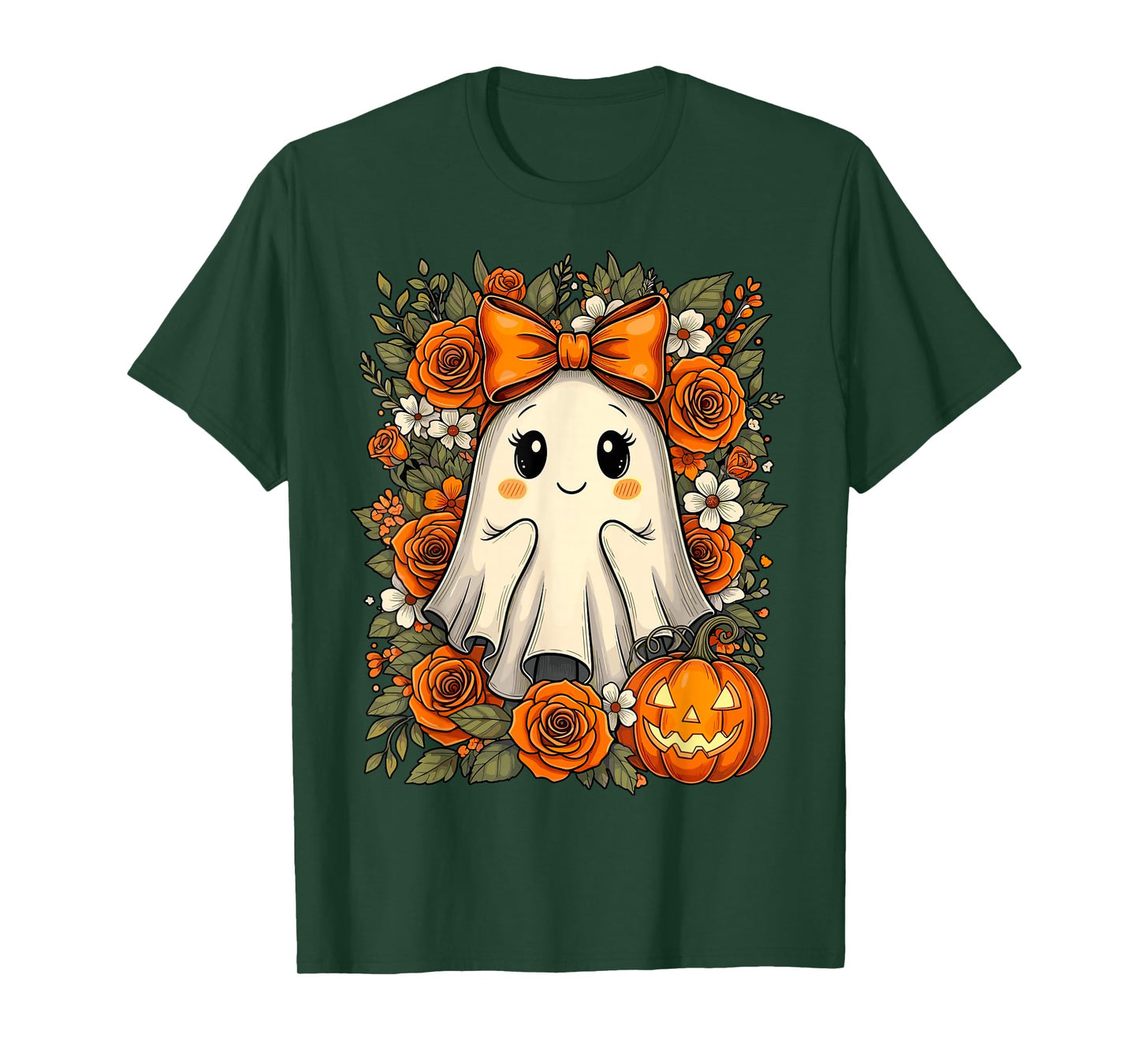 Cute Ghost Pumpkin Floral Halloween T-Shirt
