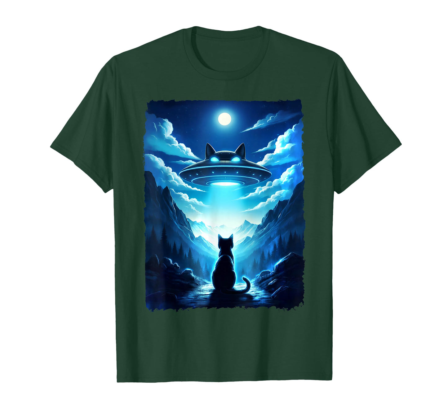 Alien Cat UFO Spaceship Night Sky Fantasy Funny Sci-Fi Art T-Shirt