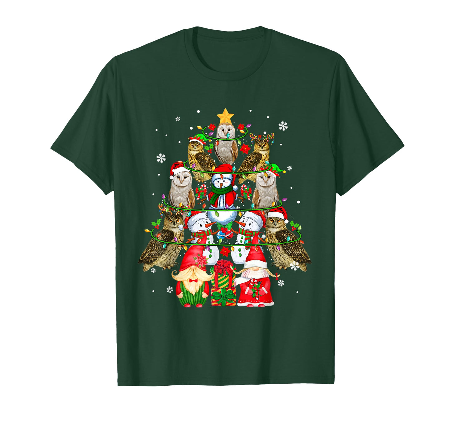 Group Santa Owls With Snowmen Gnomes As Xmas Tree Lover T-Shirt