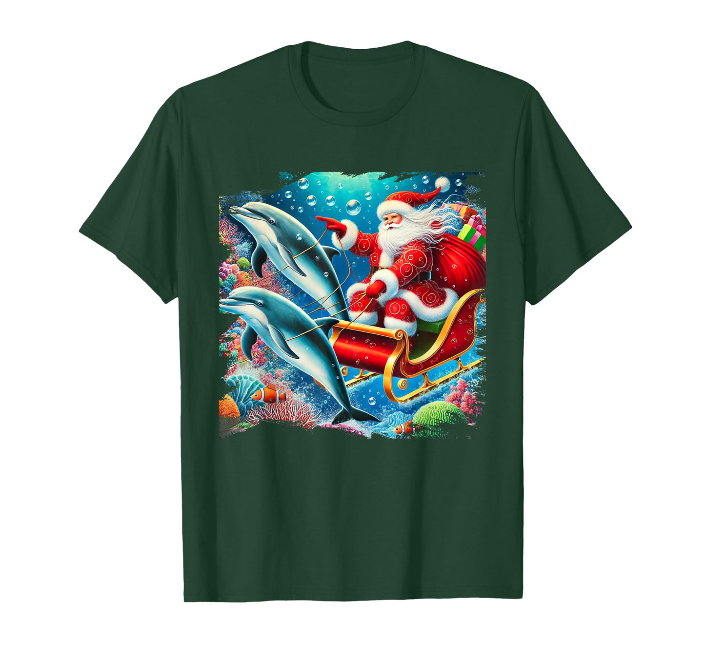 Santa Riding Dolphin Reindeer, Ocean Christmas T-Shirt