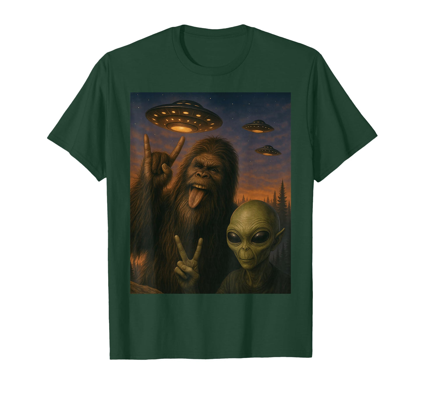 Bigfoot Alien Rock On Selfie UFO Funny Gifts Men Women Kid T-Shirt