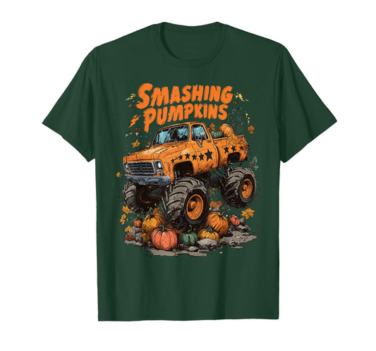 Retro Funny Monster Truck Smashing Pumpkin Boys Halloween T-Shirt