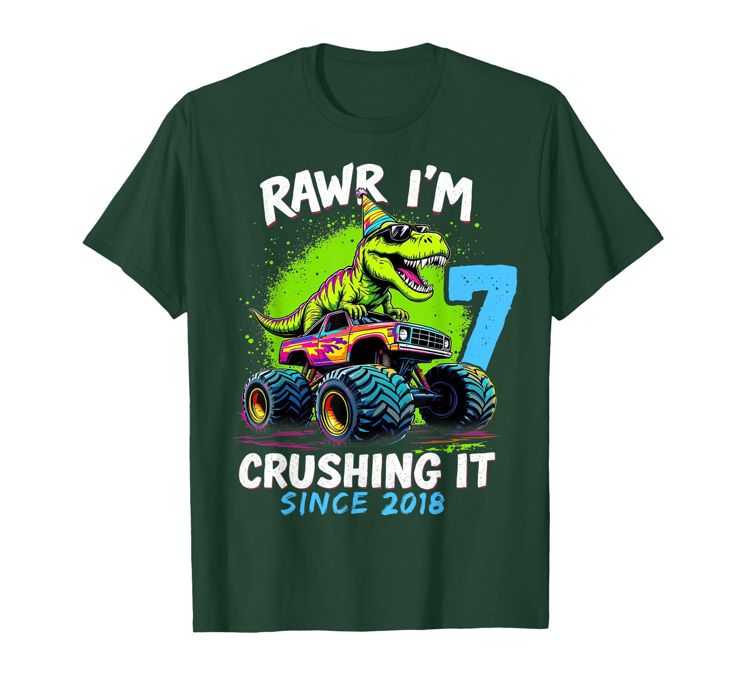 7th Birthday Monster Truck Dinosaur Party Boys Rawr I'm 7 T-Shirt