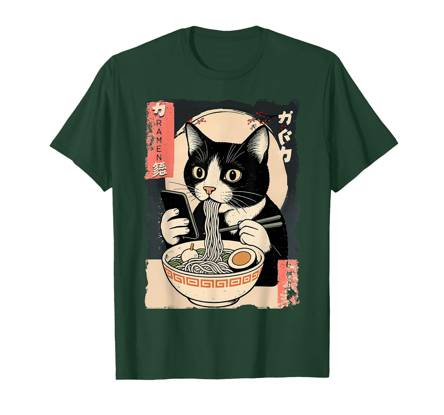Funny Cat Eating Ramen and Scroll Phone Anime Japanese T-Shirt