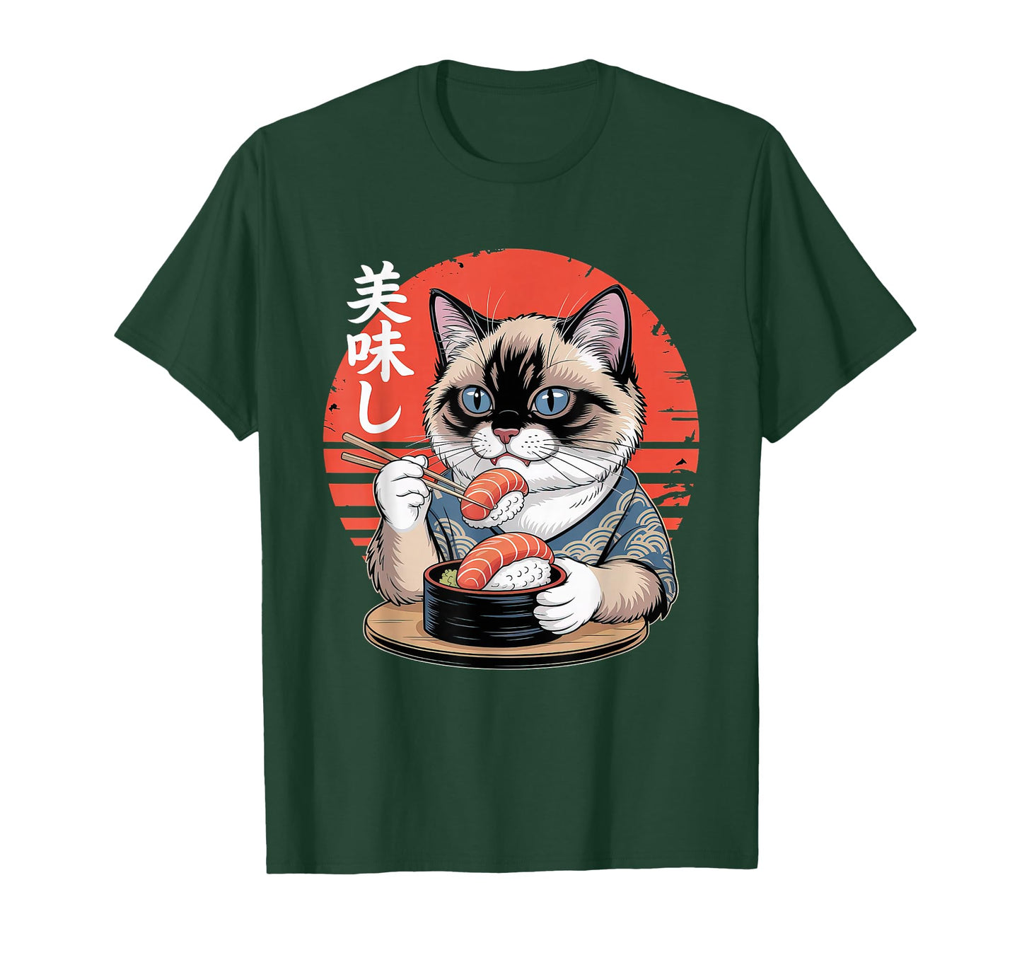 Japanese Siamese Cat Eating Sushi Kawaii Anime Cat T-Shirt