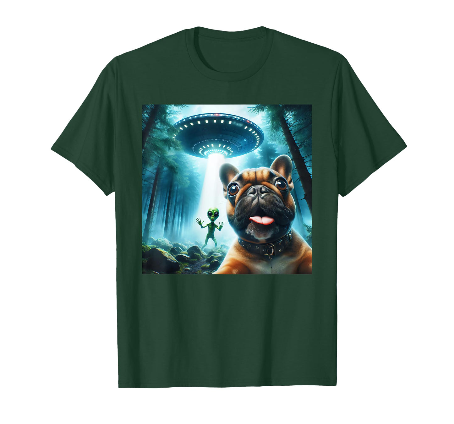 French bulldog selfie with alien UFO cool alien art T-Shirt