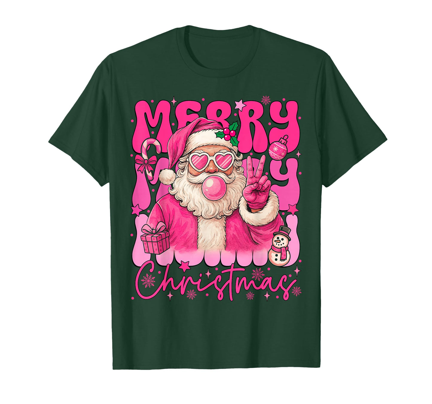 Merry Christmas Pink Santa Claus Blowing Bubble Gum Xmas T-Shirt