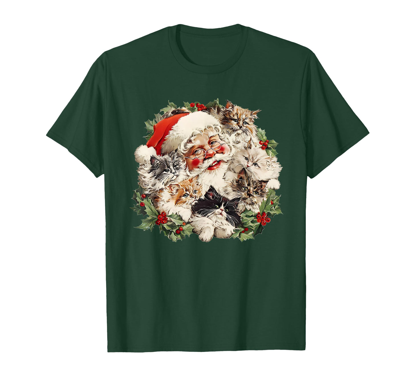 Funny Vintage Santa Claus and Kittens Cats Christmas Wreath T-Shirt