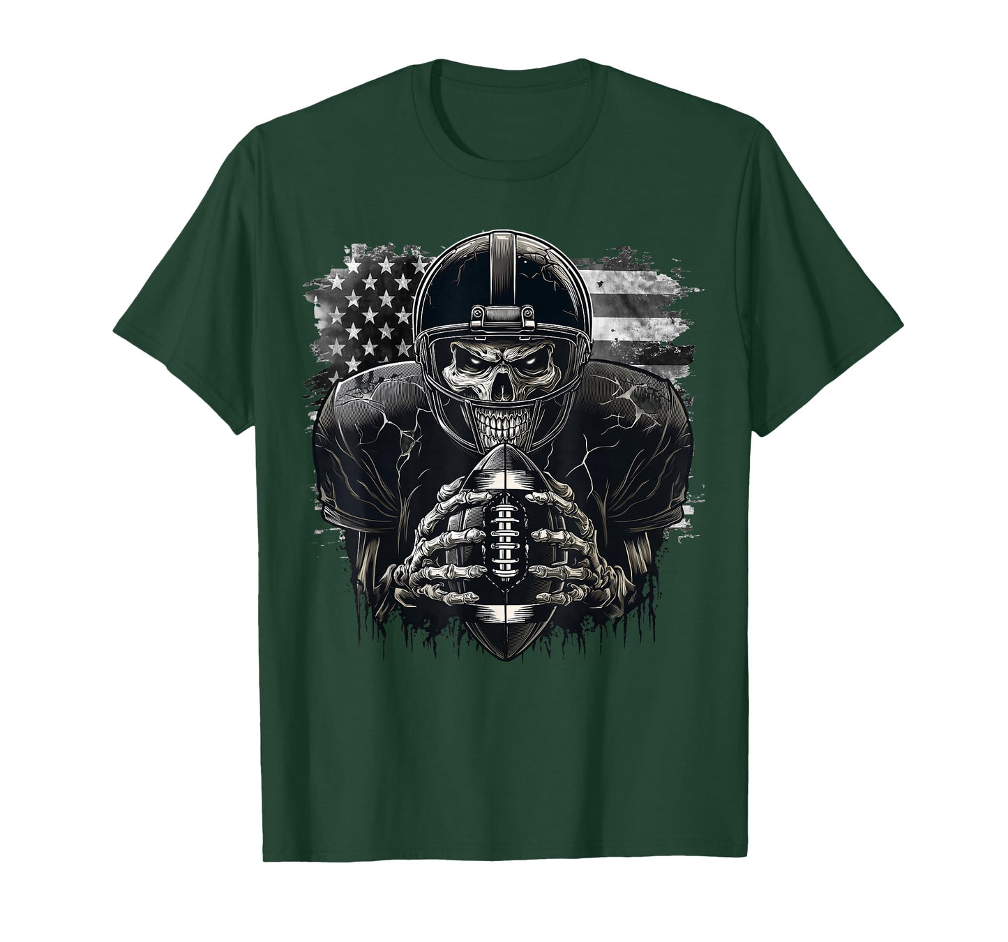 Scary Game Day Skeleton American Football Halloween USA Flag T-Shirt