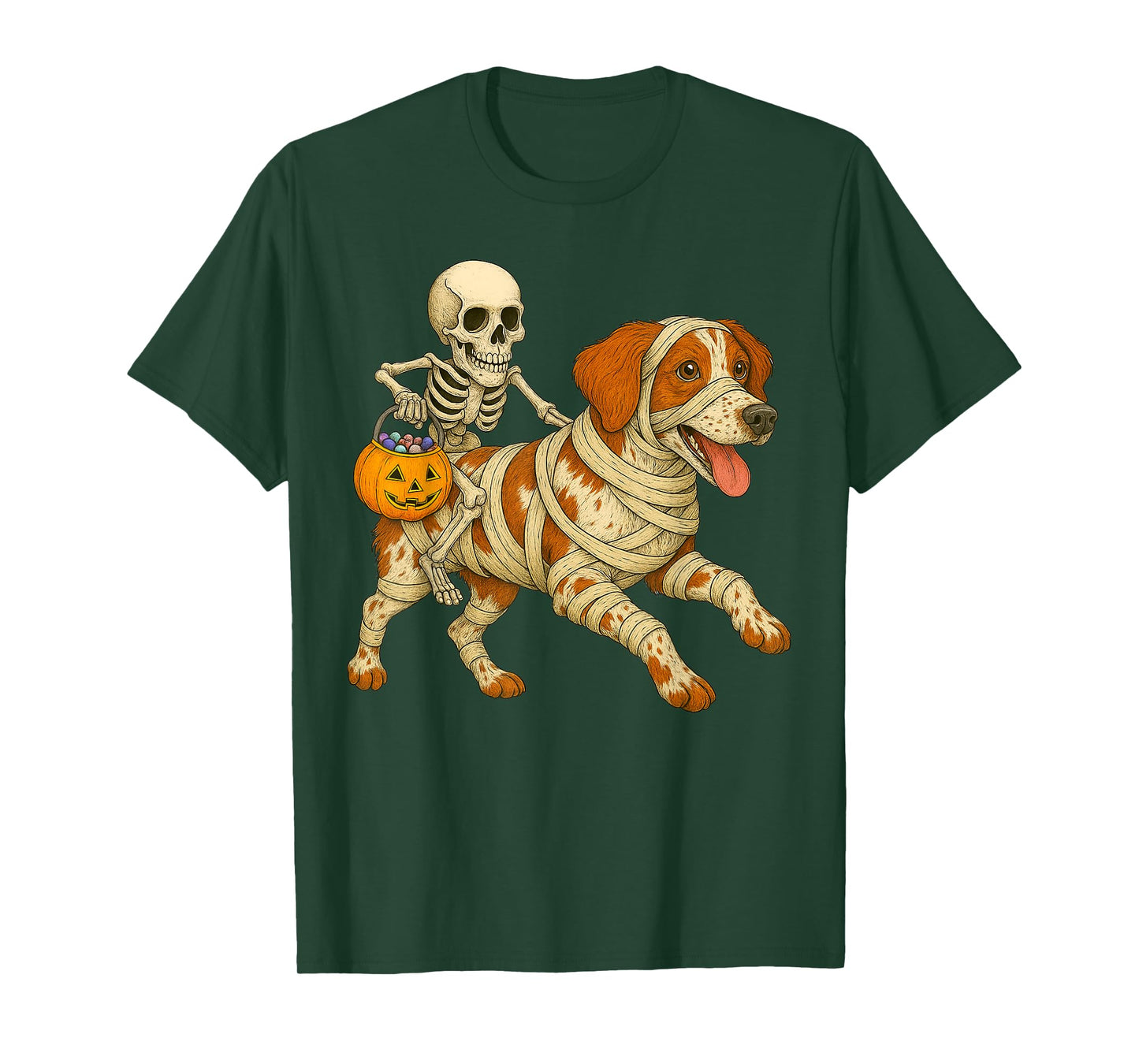 Skeleton Riding Mummy Brittany Spaniel Dog Halloween Funny T-Shirt