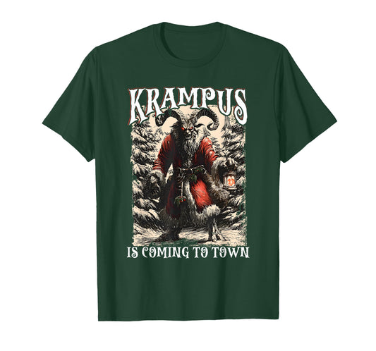 Retro Creepmas Krampus is Coming to Town Dark Humor Xmas T-Shirt
