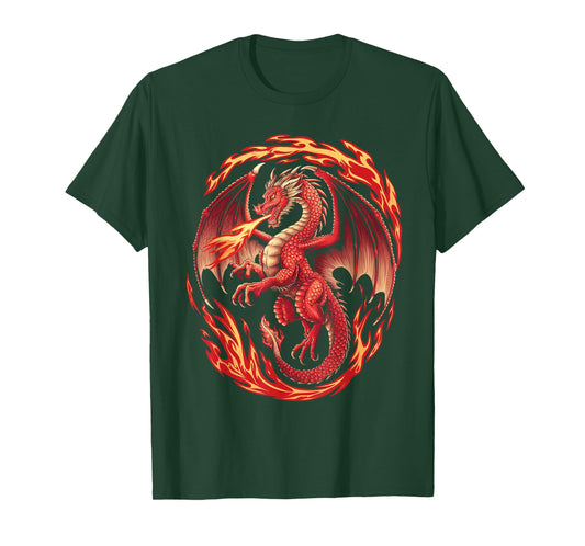 Mythical Red Dragon Breathes Fire On Clouds, Boy Girl Dragon T-Shirt