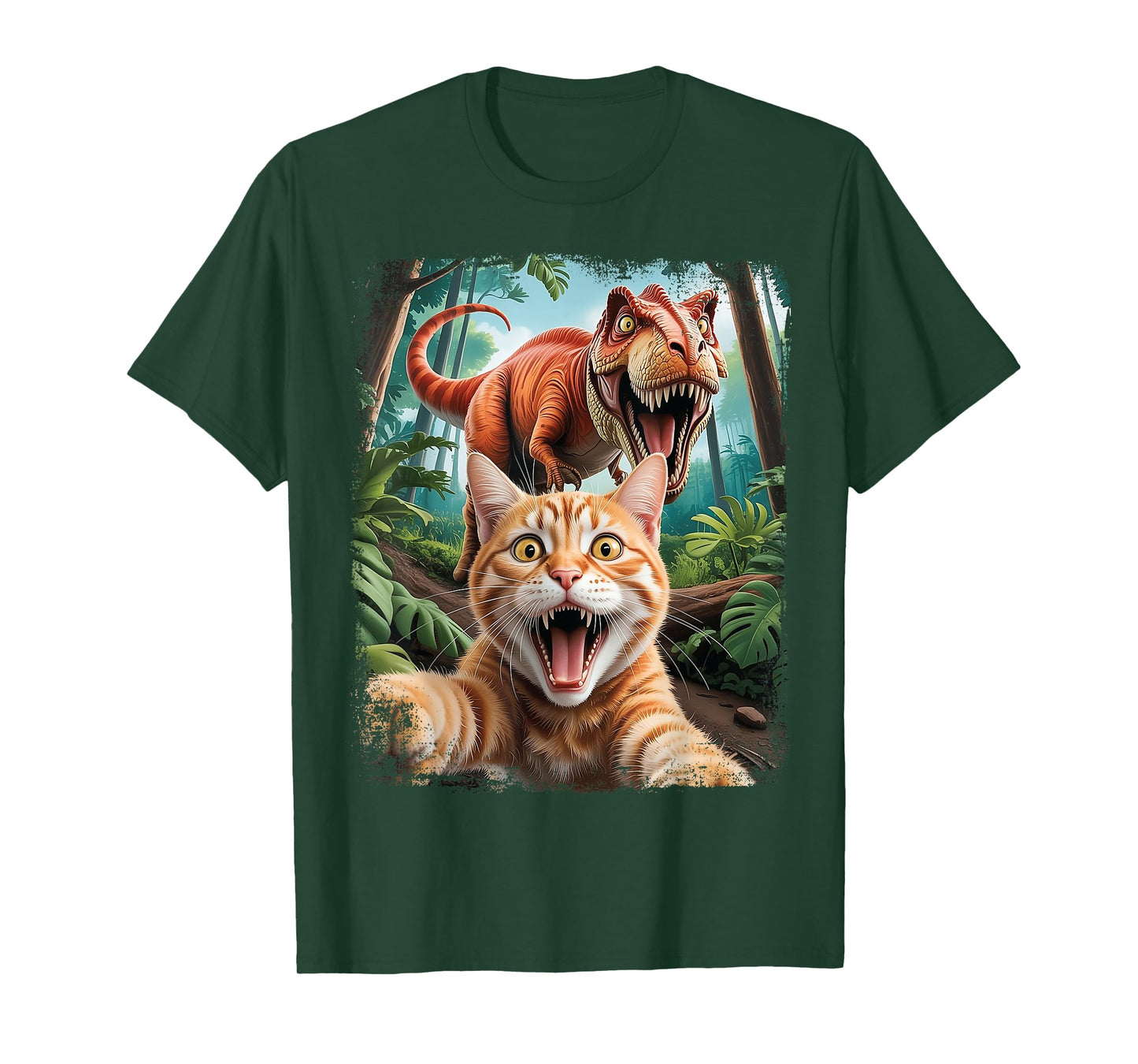 Funny Cat Selfie with Trex Dinosaur Scared T-Shirt
