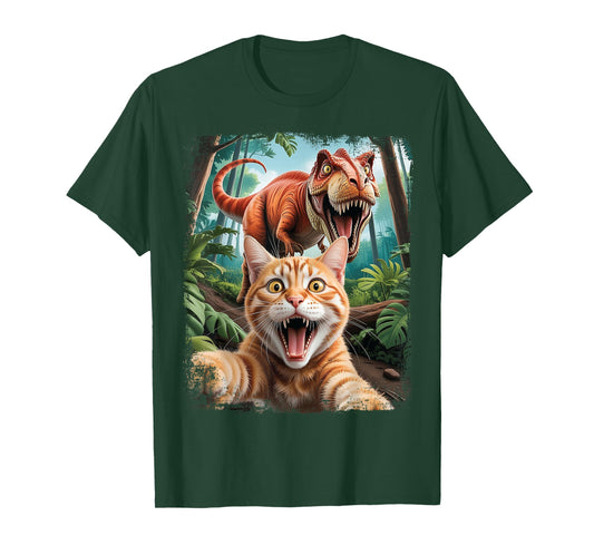 Funny Cat Selfie with Trex Dinosaur Scared T-Shirt