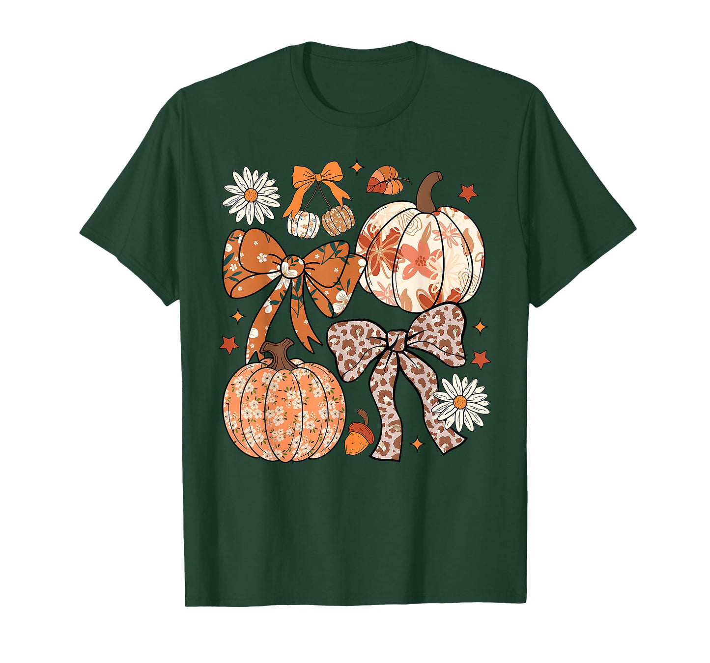 Floral Fall Pumpkin Floral Leopard Coquette Bow Thanksgiving T-Shirt