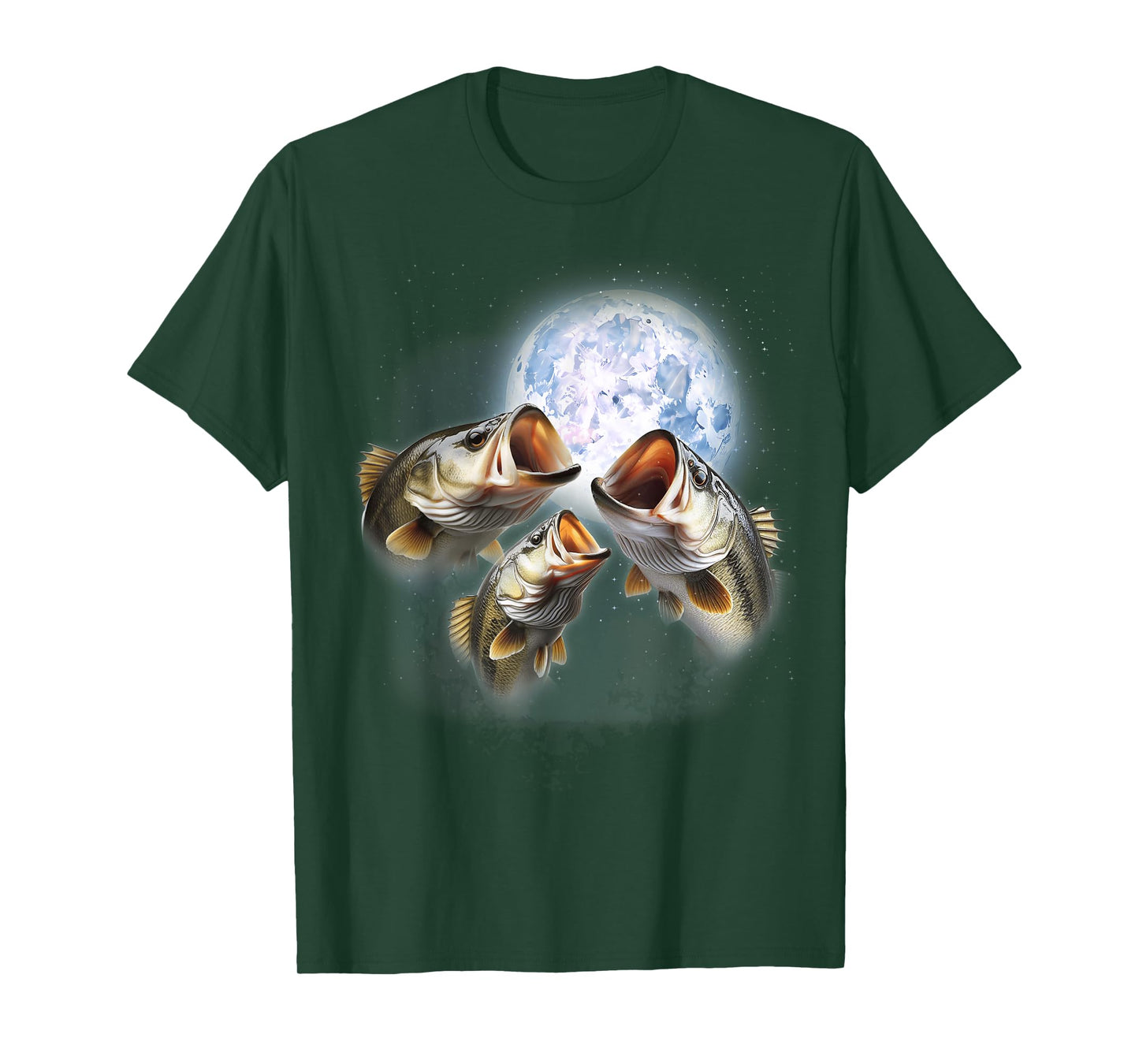 3 Bass Fish At The Moon Funny Bass Fishing Lover Fisherman T-Shirt