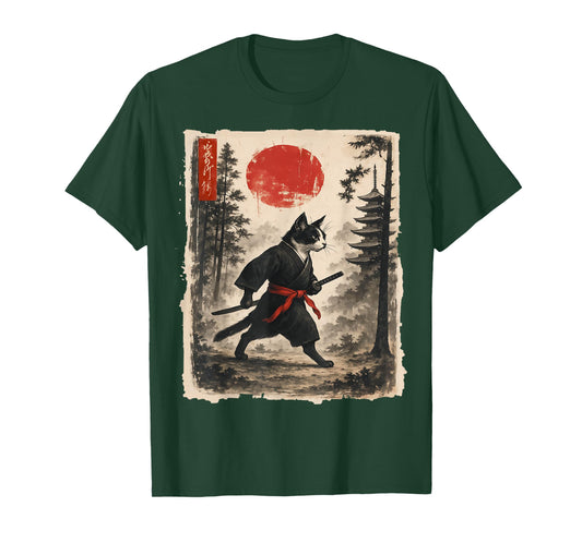 Samurai Cat Graphic Tee Warrior Vintage Japanese Art T-Shirt