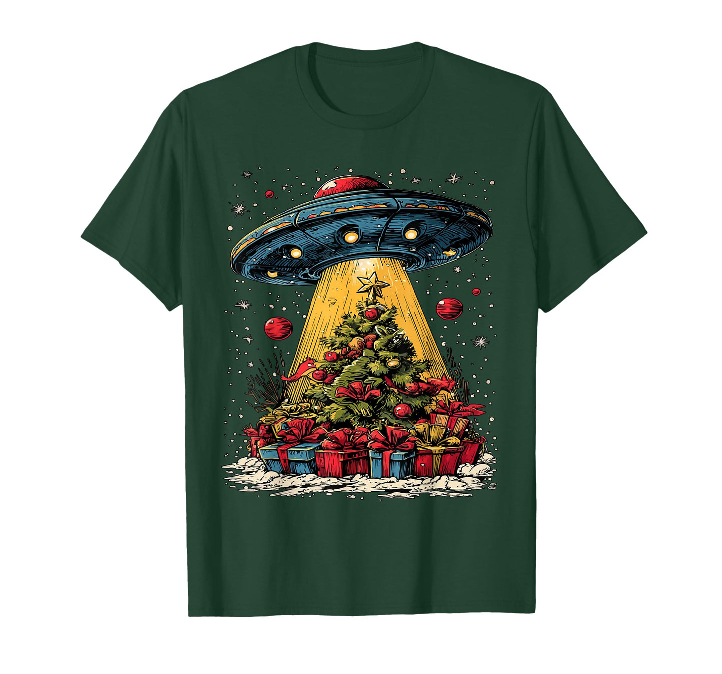 Funny Christmas Tree and UFO Snowflakes Alien Lovers Snowy T-Shirt
