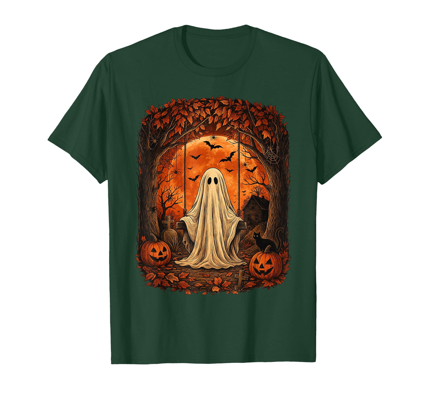 Retro Halloween Haunted Ghost Swing Scary Pumpkin Forest T-Shirt
