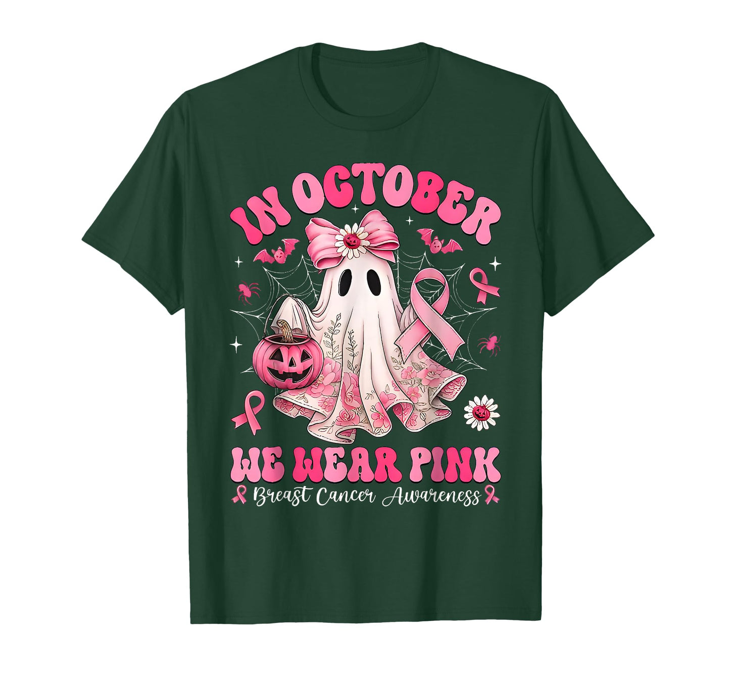 in October We Wear Pink Ghost Bow Breast Cancer Awareness T-Shirt