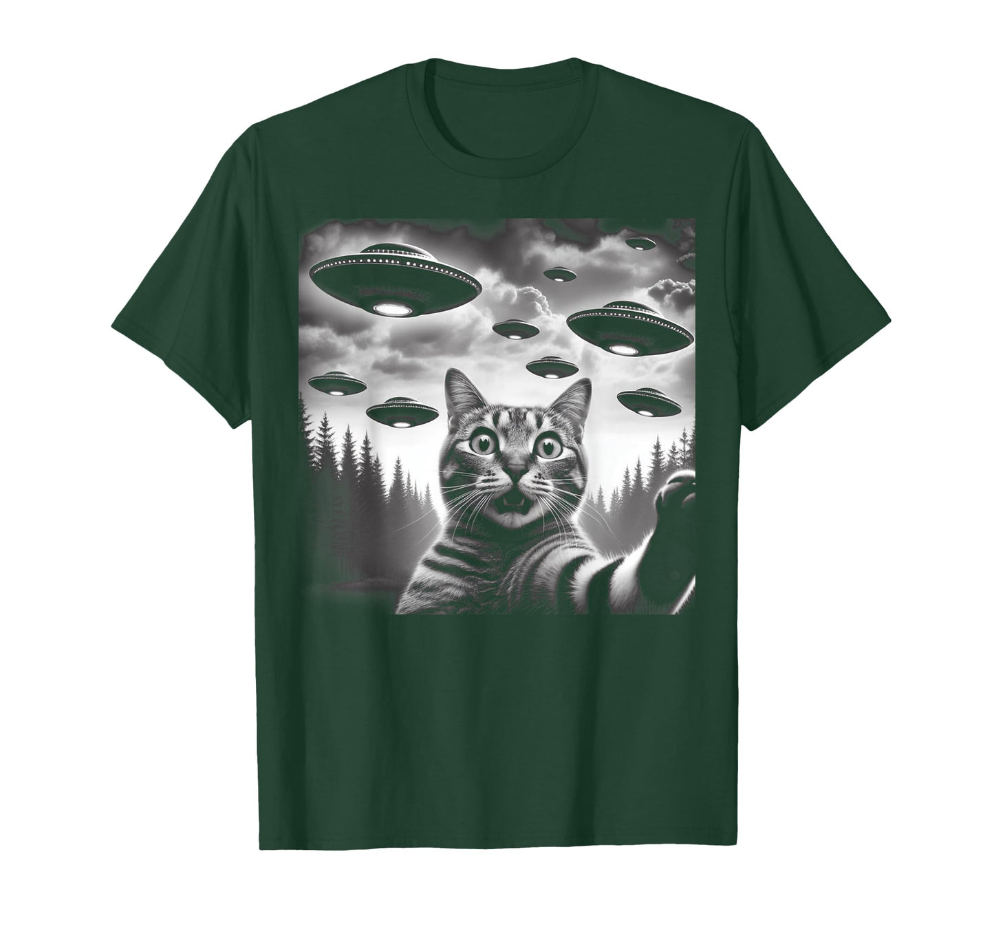Funny Cat Selfie with UFOs T-Shirt for Men Women Kids