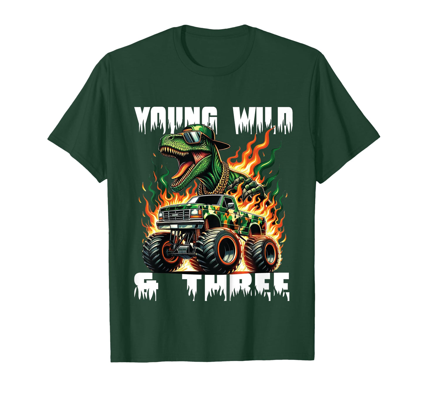 Kids Kids 3rd Birthday Monster Truck Young Wild and Three 3 Year T-Shirt