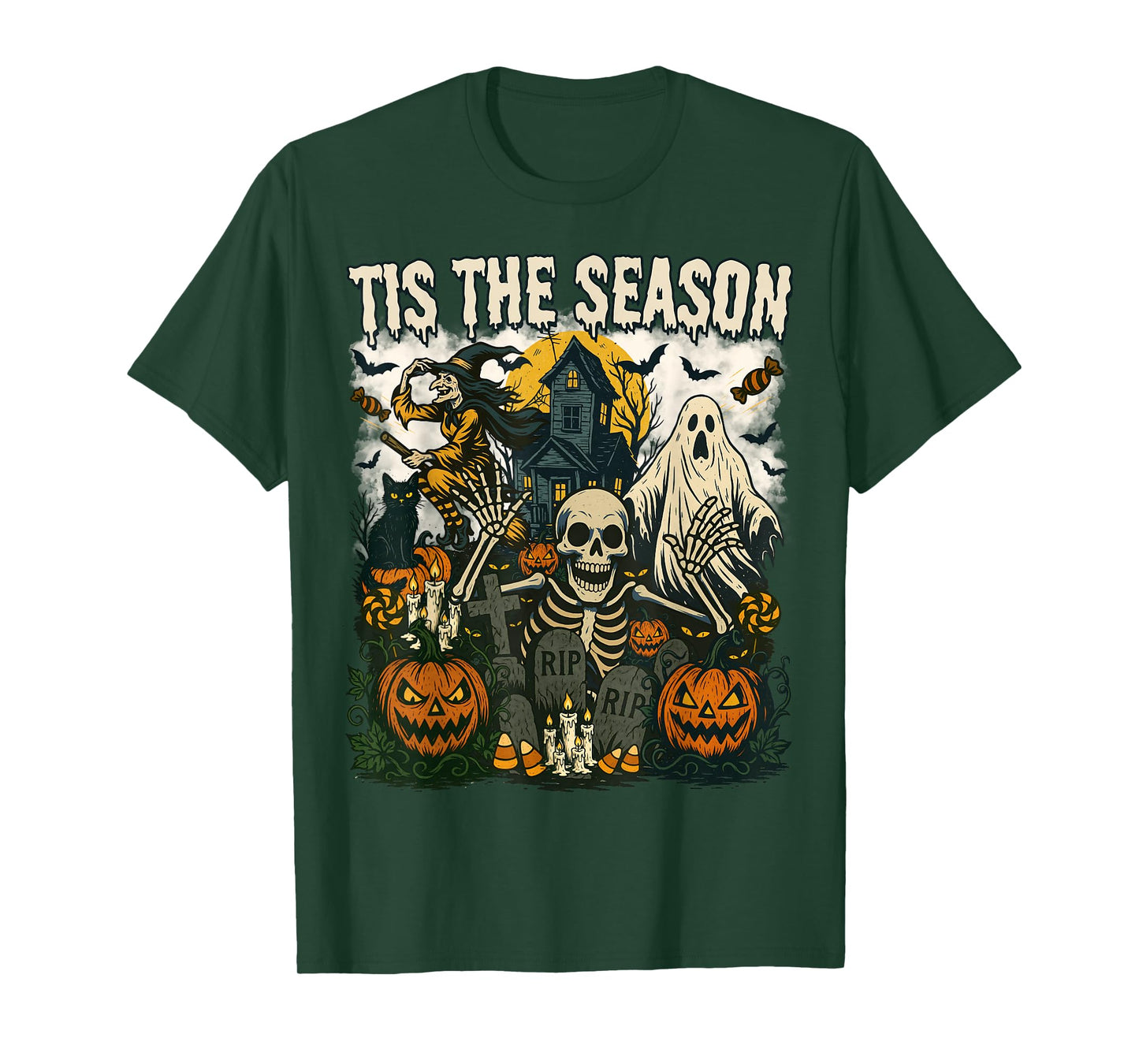 Vintage Tis The Season Halloween Skeleton Ghost Vibes Retro T-Shirt