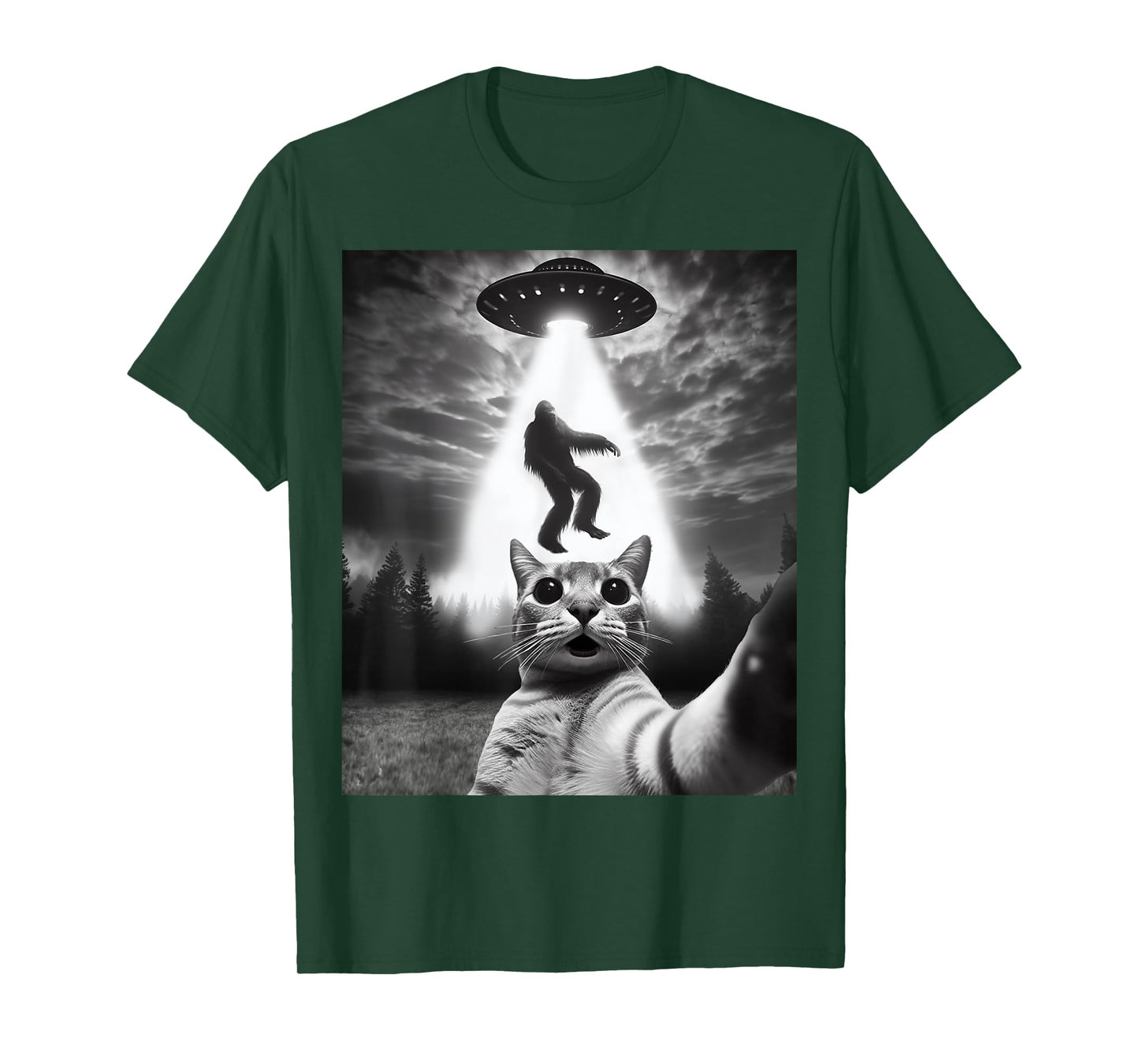 Funny Cat Selfie Flying Alien UFO Abducting Bigfoot Cryptid T-Shirt