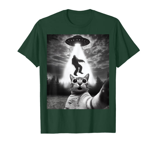 Funny Cat Selfie Flying Alien UFO Abducting Bigfoot Cryptid T-Shirt