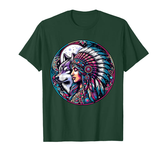 Native American Totem Woman and Wolf T-Shirt